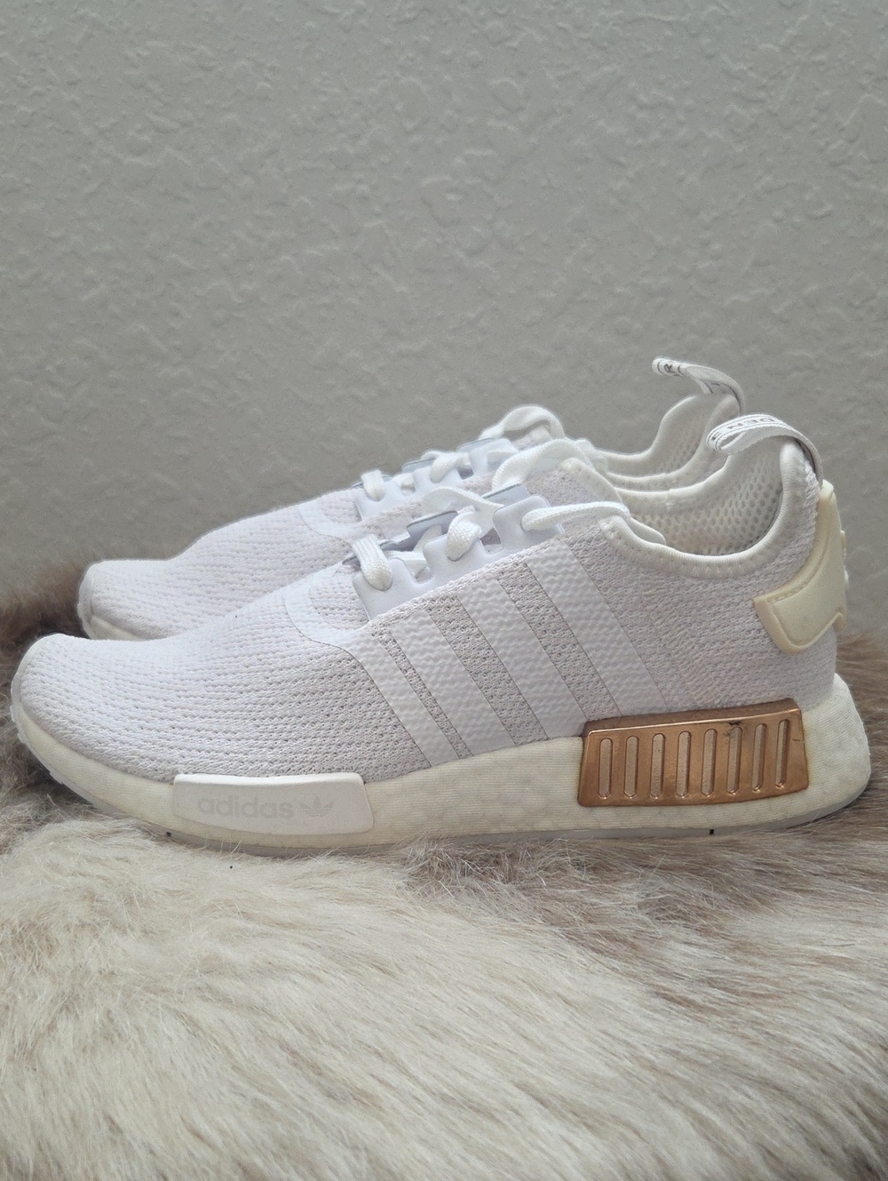 Adidas Women’s White NMD R1 Sneakers with Rose Gold Accent -Size 7